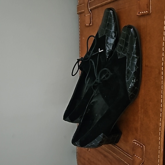 Vaseline black suede and patten tie square toe chunky heels size 8.5 M - Picture 1 of 5